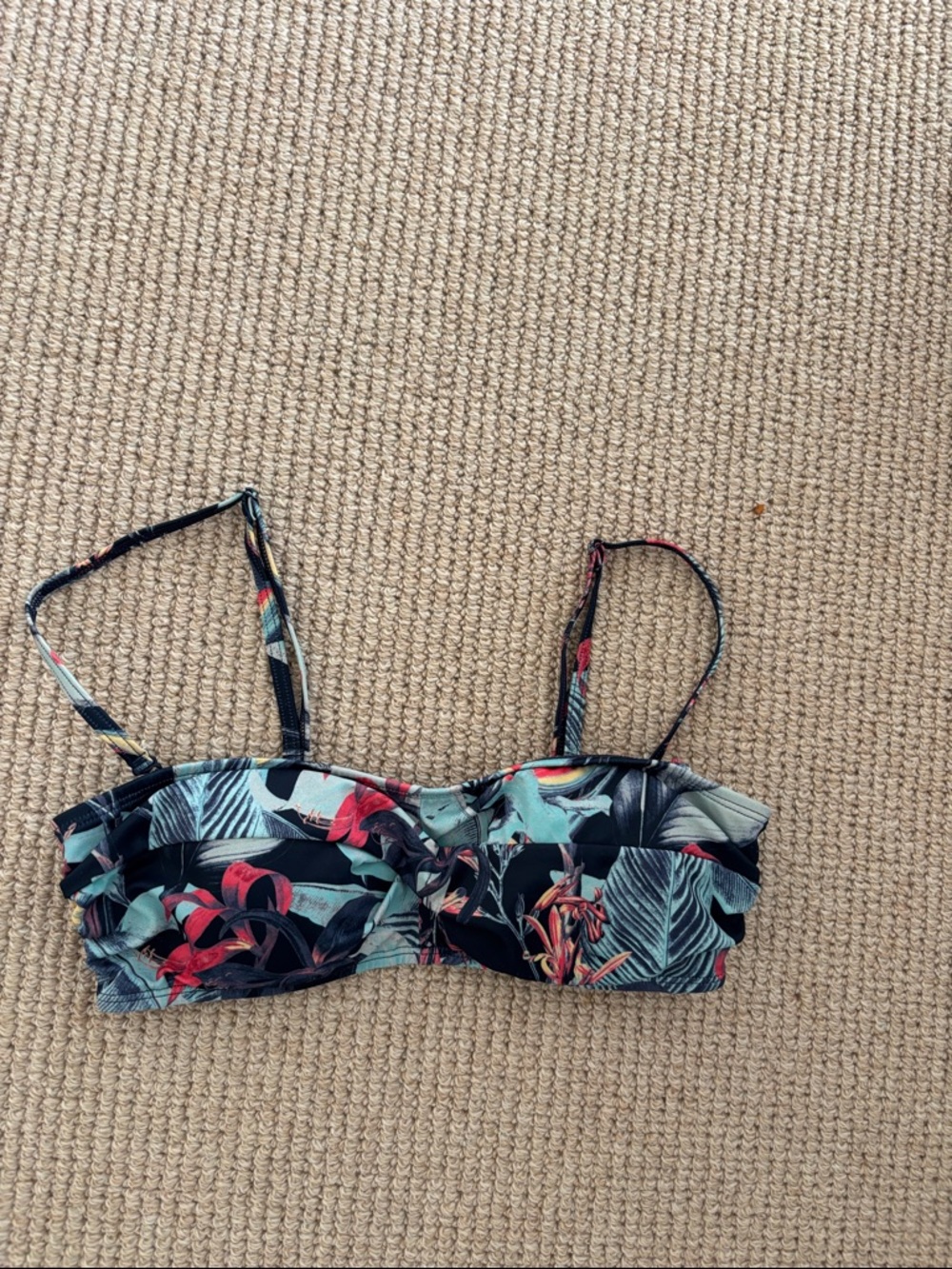 Roxy Navy Blue Bikini Top with Teal and Coral Tropical Print Strapless